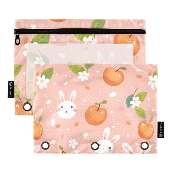 Peach Leaf Rabbit 2 Pack Pencil Pouch for 3 Ring Binder Smooth Zipper Folders with Pockets Clear Window Pencil Case