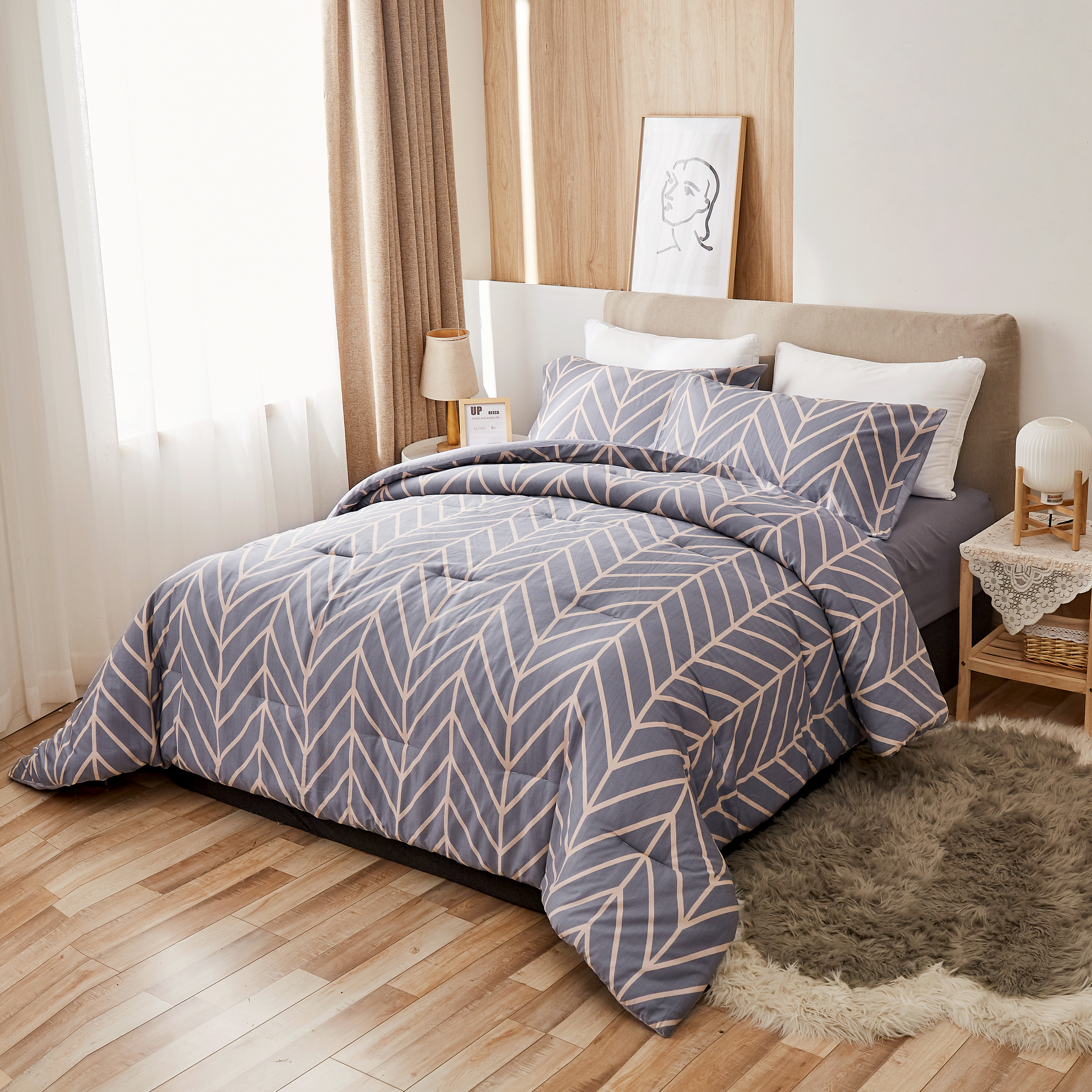 Peach Leaf Super Soft 100% Cotton 3-Piece Comforter Set with Shams, King, Grey Chevron