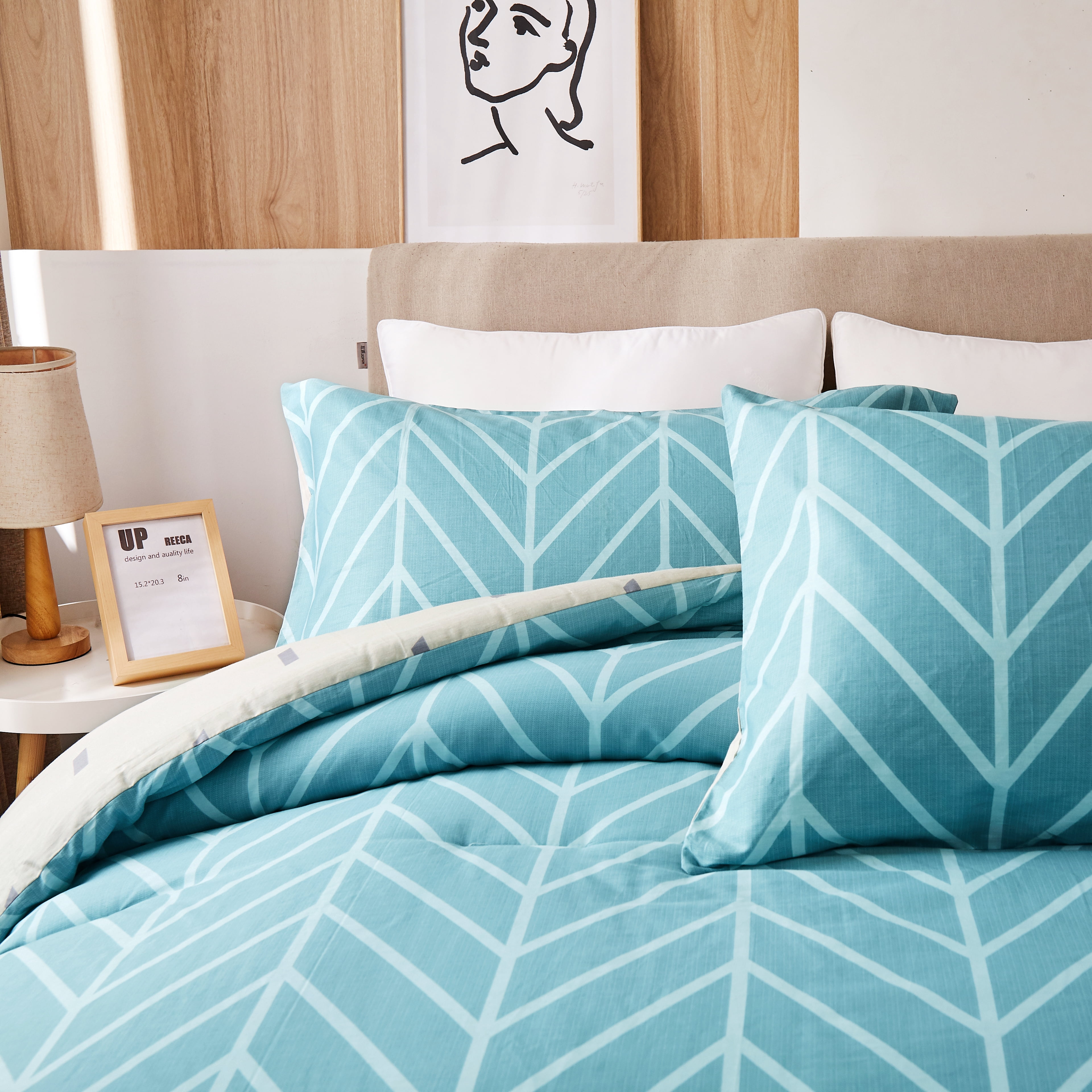 Peach Leaf Super Soft 100% Cotton 3-Piece Comforter Set with Shams, King, Teal Chevron