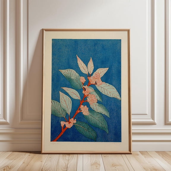 Peach Leaves Japanese Botanical Blue Background Red Branch Wall Art Unframed Paper Print