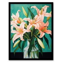 Peach Lilies Oil Painting Teal Green Pink Flowers in Glass Vase Colourful Art Print Framed Poster Wall Decor 12x16 inch