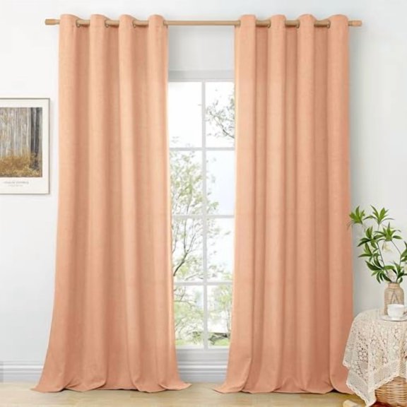 Peach Linen Curtains for Living Room 95 Inch Length 2 Panels Set, Spring Country Rustic Window Drapes Textured Light Filtering for Bedroom Laundry Privacy Decor, Each 52 Inch Wide