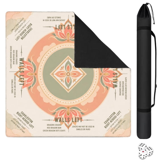 Peach Lotus Medallion Oriental Mahjong Mat 31.5x31.5 Inch | Non-Slip And Noise Reduction Mah Jong Table Mat Cover with Carrying Bag For Mahjong Lovers, Poker, Board Games And Dominoes