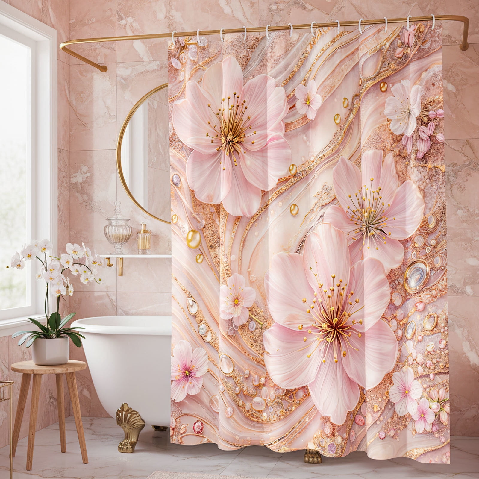 Peach Luxury Marble Shower Curtain, Cherry Blossom Gold Glitter Floral Bathroom Decor, Modern Abstract Watercolor Bath Curtain, Waterproof Polyester Fabric with Hooks for Bathroom Decor,70X75in