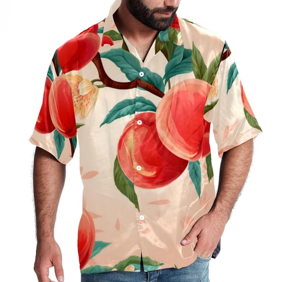 Peach Men's Casual Printed Poplin Short Sleeve Button Down Beach Shirt with Spread Collar Top