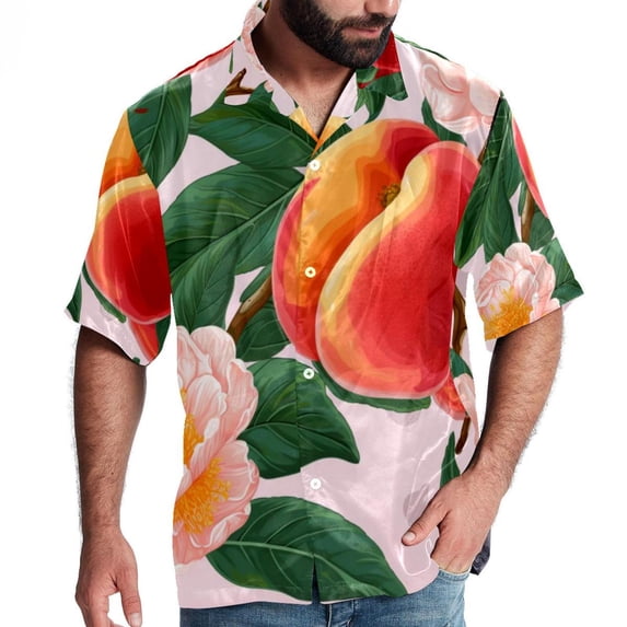 Peach Men's Short Sleeve Poplin Button Down Hawaiian Printed Summer Beach Shirt, Unisex