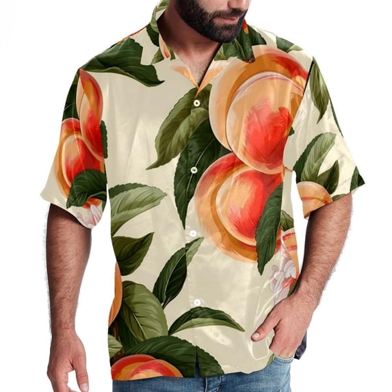 Peach Men's Spread Collar Tops, Casual Button Down Shirts for Summer Beach, Printed Short Sleeve Shirts - Unisex