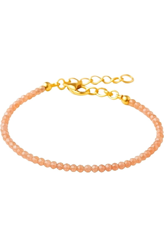 Peach Moonstone Crystal Bracelet - 2mm Beaded Bracelet and Healing Stones (Faceted, Golden Chain)