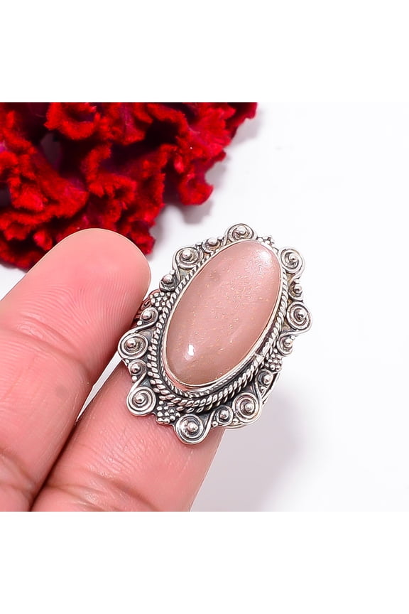 Peach Moonstone - Sri Lanka Fine Art Oxidised 925 Sterling Silver Ring S.9.5 R102427, Christmas Gift