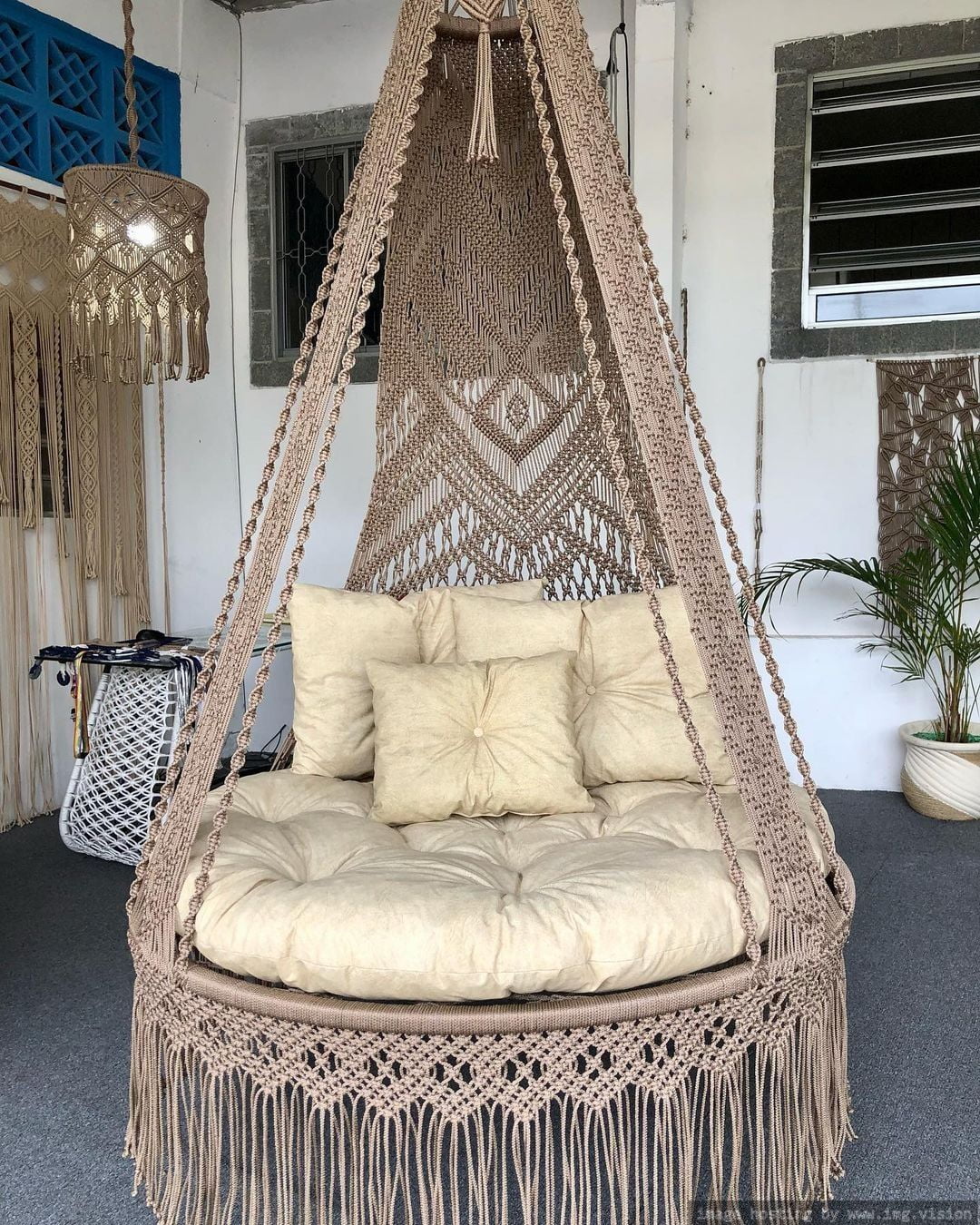 Peach Natural Macrame Swing Chair Hanging Swing Chair With Cushion Macrame Porch Swing chair, Hammock Swing
