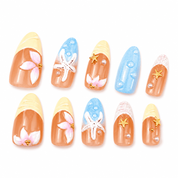 Peach Orange Blue Press on Nails, Medium Almond Glossy French Tip with Raised Floral Detail, 30 Count