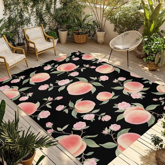 Peach Outdoor Rug for Patio/Deck/Porch, Non-Slip Large Area Rug 3 x 5 Ft, Spring Floral Green Leaf Botanical Pink Fruit Black Indoor Outdoor Rugs Washable Area Rugs, Camping Rug Carpet Runner
