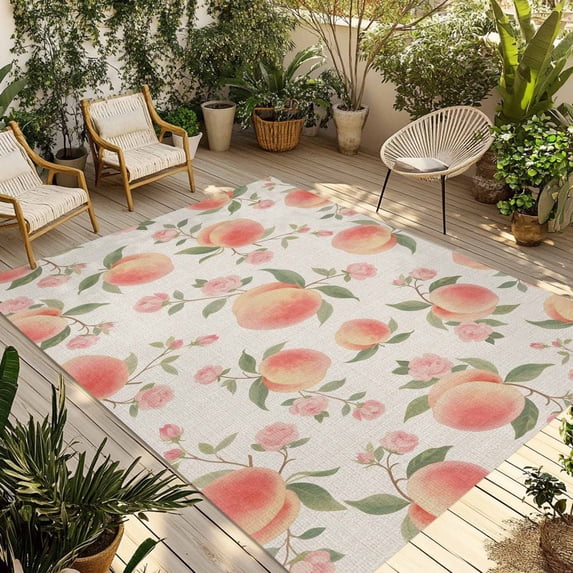 Peach Outdoor Rug for Patio/Deck/Porch, Non-Slip Large Area Rug 4 x 6 Ft, Spring Floral Green Leaf Botanical Pink Fruit Rustic Indoor Outdoor Rugs Washable Area Rugs, Camping Rug Carpet Runner