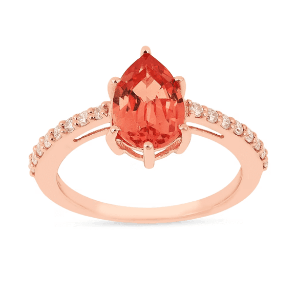 Fine Color Jewels Padparadscha Sapphire Ring Sterling Silver 18K Rose Gold Plated 1.64 Ct Pear Cut Moissanite Accent for Women