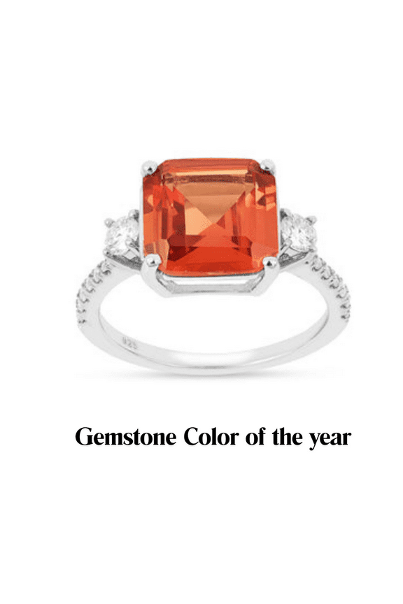 Peach Padparadscha Sapphire Three Stone Ring Lab Grown Sapphire Ring Silver Three Stone Ring Square Sapphire Classic Ring Gift for her