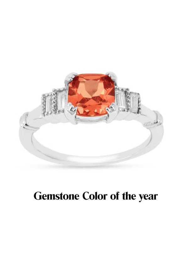 Peach Padparadscha Statement Ring Lab Grown Art Deco Ring For Women- Sapphire Cushion Cut Baguette Five Stone Ring Gift For Her