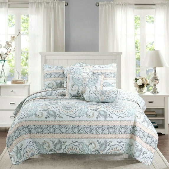 Peach Paisley Pastel Print Grey Aqua Blue Leaf Floral Quilt Bedding Set, Queen
