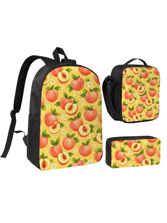 Peach Pattern Backpack Set 3pc Including Backpack, Lunch Bag and Pen Bag Combination