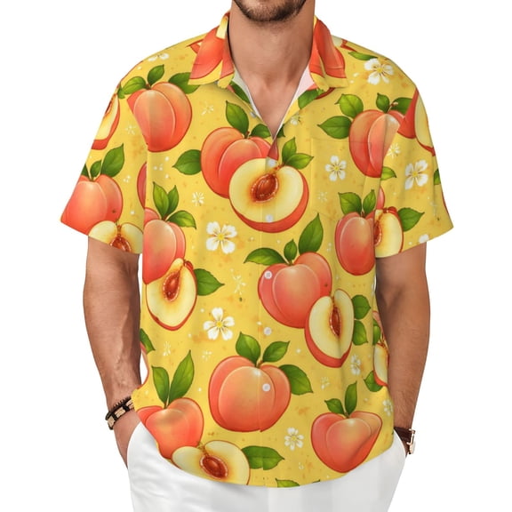 Peach Pattern Men's Shirts Short-Sleeved with All-Over Prints Button-Up Shirts