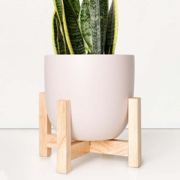 Peach & Pebble 12 in. Soft Pink Ceramic Egg Shaped Indoor Planter + Natural Wood Stand (7 in. to 12 in.)