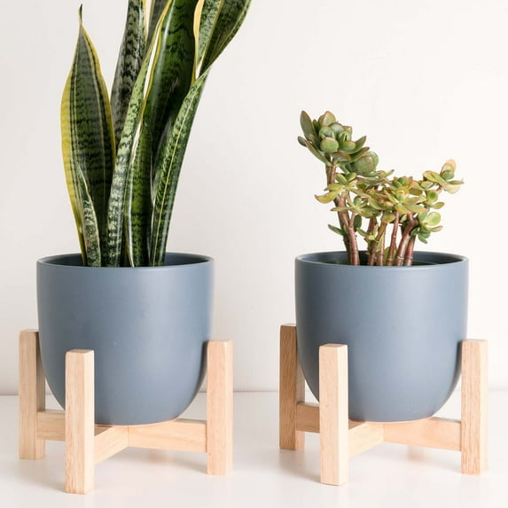 Peach & Pebble Matte Blue-Indigo Egg-Shaped Ceramic Planter & Stand Set with Drainage Hole