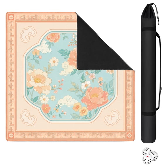 Peach Peony Floral Oriental Mahjong Mat 31.5x31.5 Inch | Non-Slip And Noise Reduction Mah Jong Table Mat Cover with Carrying Bag For Mahjong Lovers, Poker, Board Games And Dominoes