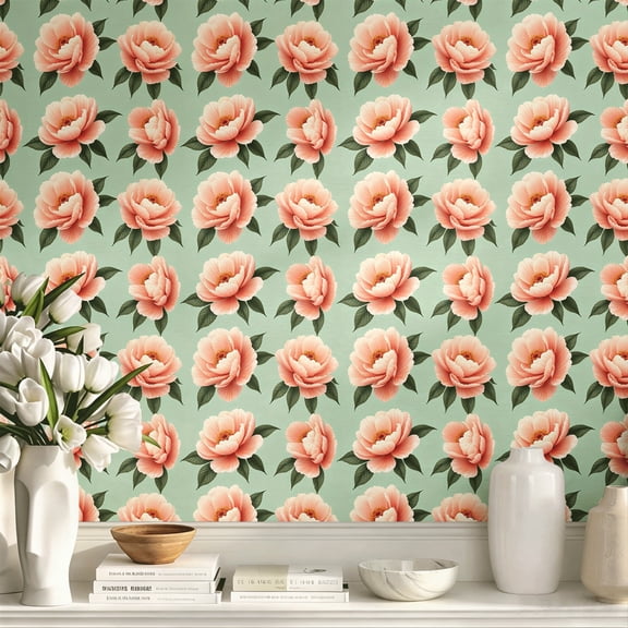 Peach Peony Floral Pattern Boho Vintage Peel and Stick Wallpaper Elegant Exquisite Wall Art Wall Decor Art Print Wall Decoration for Living Room Bedroom Bathroom Apartment Home Decor