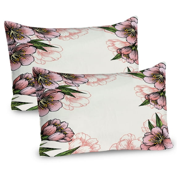 Peach Pillow Sham Set of 2, Hand Drawn Botanical Pattern Spring and Summer Flowers Blooming Nature Theme, Quality Microfiber Bedding Item for All Seasons, 26" x 20", Coral Green Yellow, by Ambesonne
