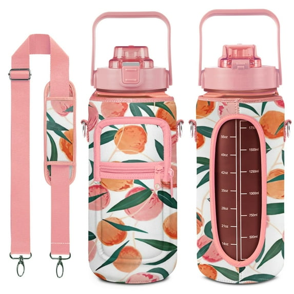 Peach Pink 64 Oz Half Gallon Water Bottle with Sleeve - BPA Free Leakproof Sport Large Plastic Water Bottle with Straw & Time Marker & Insulated Neoprene Holder Carrier Bag Great Gift for Women Men