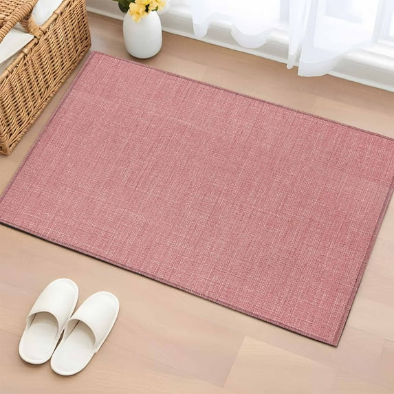 Peach Pink Area Rugs 2x3 for Living Room, Farmhouse Burlap Solid Pink Color Modern Linen Texture Non Slip Washable Rug Runner, Low Pile Indoor Floor Carpet Mat Bathroom Rugs for Bedroom, Kids Room