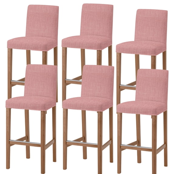 Peach Pink Bar Stool Cover Set of 6, Farmhouse Burlap Solid Pink Modern Linen Texture Stretch Bar Chair Cover, Removable Washable Pub Counter Stool Chair Slipcover for Kitchen Dining Room Pub Cafe