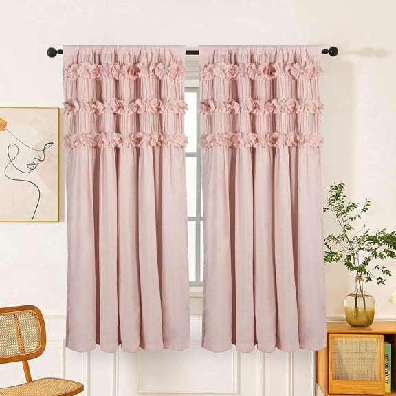 Peach Pink Blackout Curtains with 3 Rows of Handmade Butterfly Flower Ruffles, Room Darkening and Soundproof Window Curtain 42" W x 63" L (Pair), Machine Washable (LQ-37)