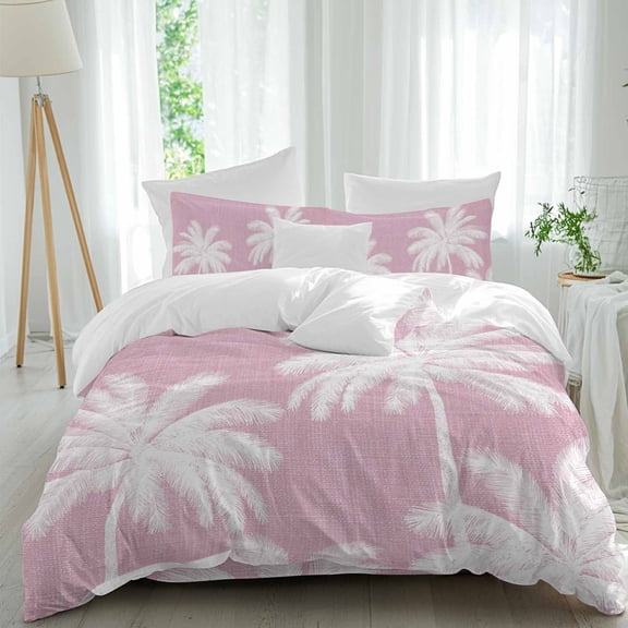 Peach Pink Palm Trees 4 Piece Duvet Cover Set Twin Size Summer Beach Tropical Farmhouse Soft Bedding Set Comforter Cover, 1 Duvet Cover 1 Flat Sheets and 2 Pillowcases