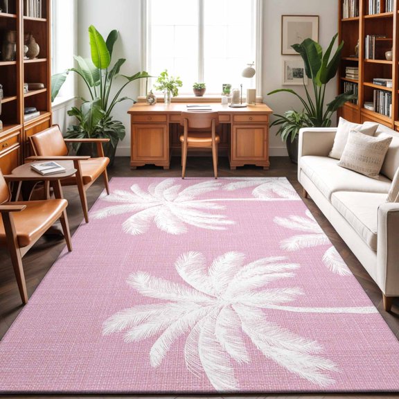 Peach Pink Palm Trees Washable Area Rug 4 x 6 ft Summer Beach Tropical Farmhouse Soft Non Slip Rugs Stain Repellent Indoor Felt Carpet for Living Dining Room Bedroom Home Office