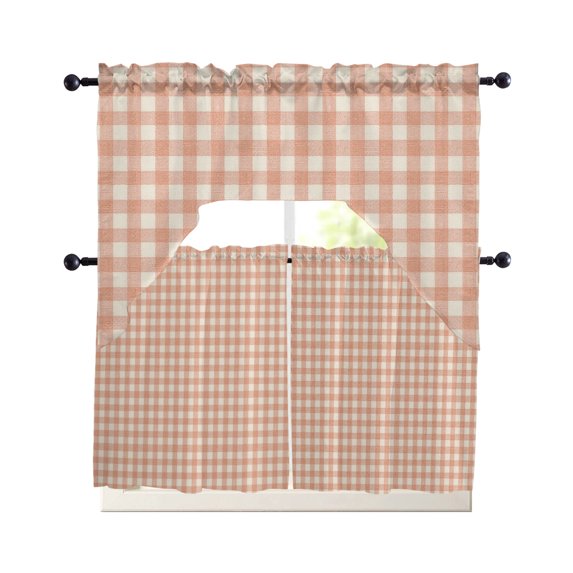 Peach Pink Plaid Kitchen Curtains Set for Windows 3 Piece Cafe Curtains 36 Inch Length Swag Curtains Valances and Tier Set Gingham Checked Minimalist Modern Drapes for Bedroom Bathroom Living Room