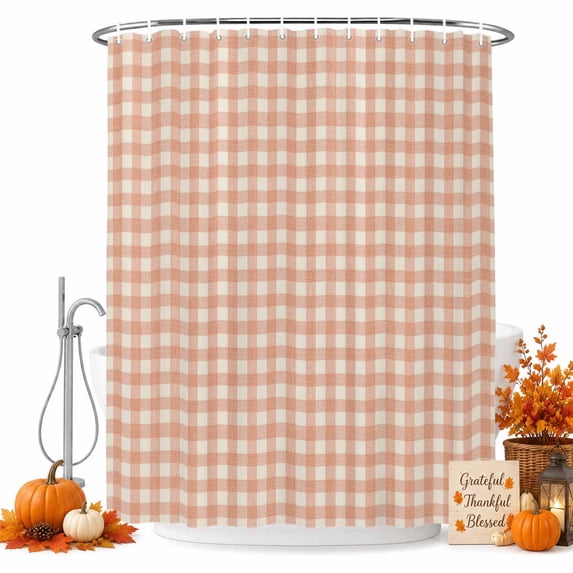 Peach Pink Plaid Shower Curtain, Waterproof Shower Curtains for Bathroom, Gingham Checked Minimalist Modern Washable Fabric Bathtub Curtain Set Bath Decor with 12 Hooks 48"x72"