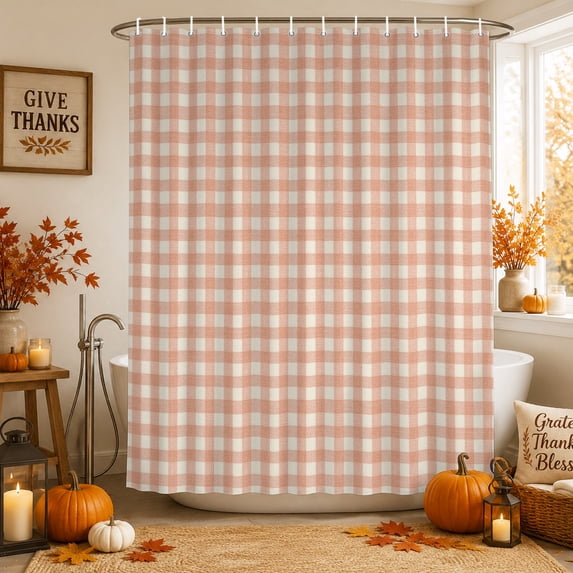 Peach Pink Plaid Shower Curtains for Bathroom, Gingham Checked Minimalist Modern Waterproof Fabric Shower Curtain, Decorative Bathroom Curtain for Bathtub, 72"x84", No Hooks Included