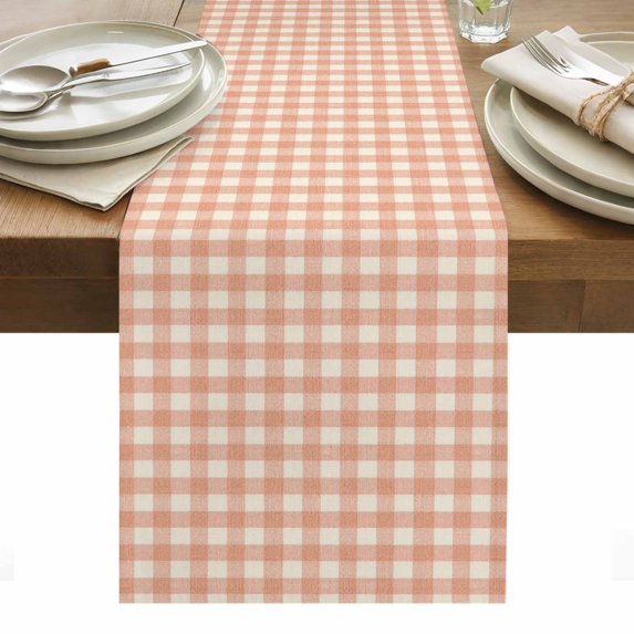 Peach Pink Plaid Table Runner Gingham Checked Minimalist Modern Tablerunners 13 x 36 Inch, Table Decorations Tabletop Scarf for Summer Gathering Holiday Farmhouse Kitchen Dining Decor