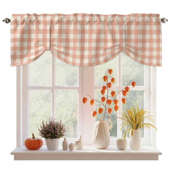 Peach Pink Plaid Tie Up Valance Curtains for Windows, Kitchen Curtains Window Treatments, Gingham Checked Minimalist Modern Short Window Shades Valances for Bedroom Bathroom Cafe 42"x18"