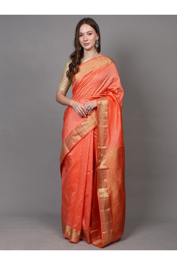 Peach-Pink Pure Silk Handloom Saree from Bangalore with Zari Weave