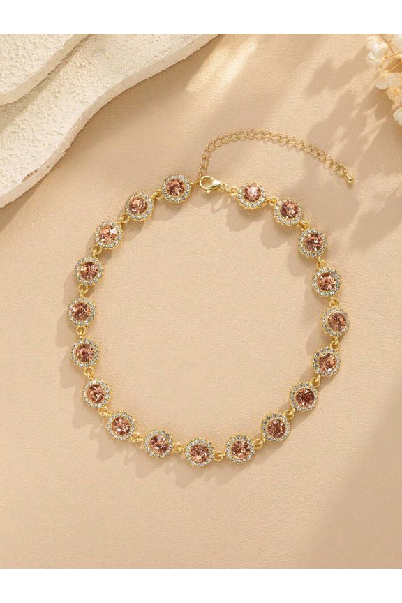 Peach Pink Rhinestone Cluster Chain Necklace With Goldtone Setting