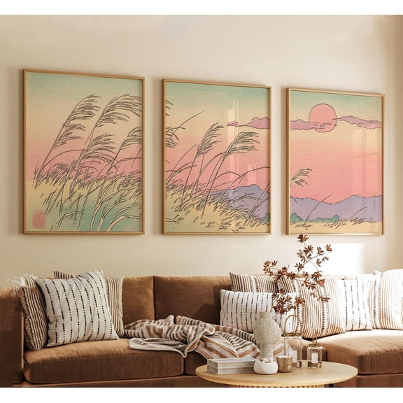 Peach Pink Sunset Set Of Pastel Landscape Wall Art Pampas Field Set 3 Unframed Paper Print
