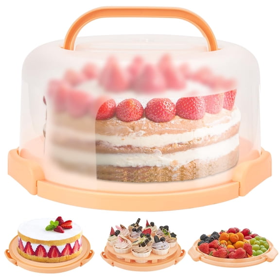 Peach Plastic Cake Carrier with Lid, 10 Inch Capacity, Handles for Transporting Cakes Cupcakes Snacks