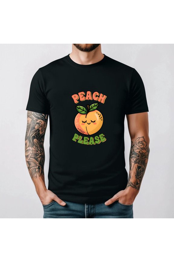 Peach Please Happy Fruits Funny Summer Healthy Vegan Food Humor Unisex T-Shirt, for men & women, up to size 5XL.