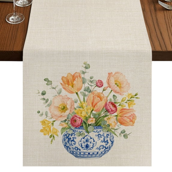 Peach Poppies Vase Short Table Runner 60 Inches Long,Spring Floral ...