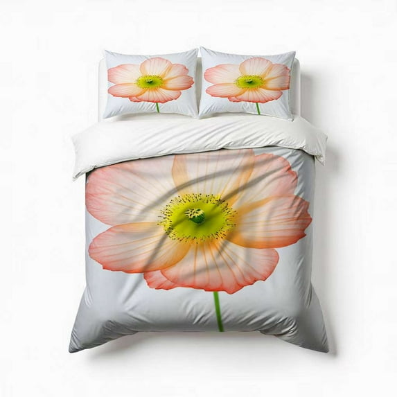 Peach Poppy Flower Print Bedding Set 3 Pcs Soft Microfiber Quilt Cover For Bedroom Decor, Comforter Cover With 2 Pillowcase