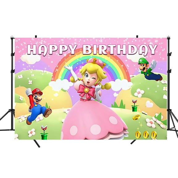 Peach Princess Backdrop,Mario Birthday Party Banner Background for Photography Children Birthday Party Decoration Supplies (5x3ft)