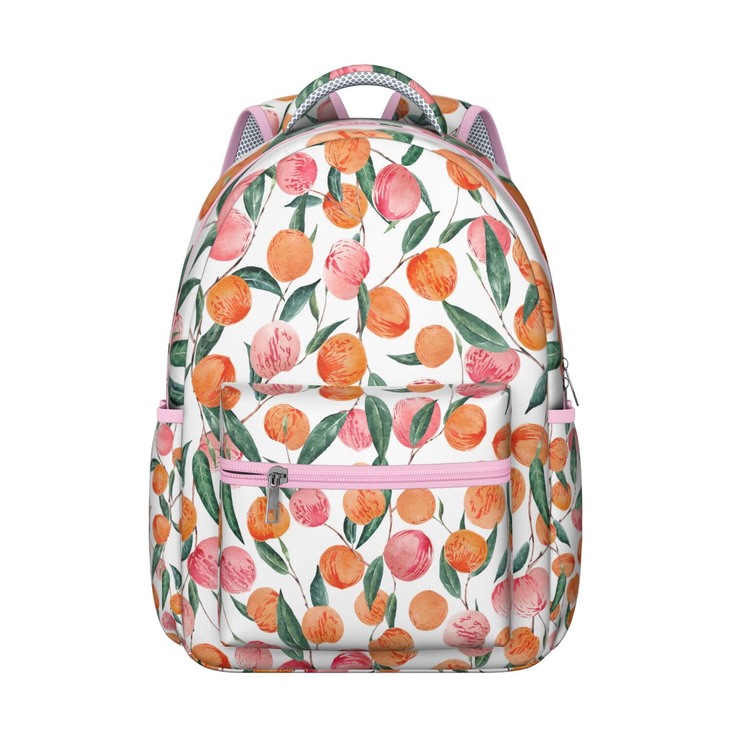 Peach Print Waterproof School Backpack - Ergonomic Student Bookbag with Padded Straps & Spinal Support, Kawaii Pink Fruit Pattern Design, Lightweight Durable Backpack for Teens, College, Commuters