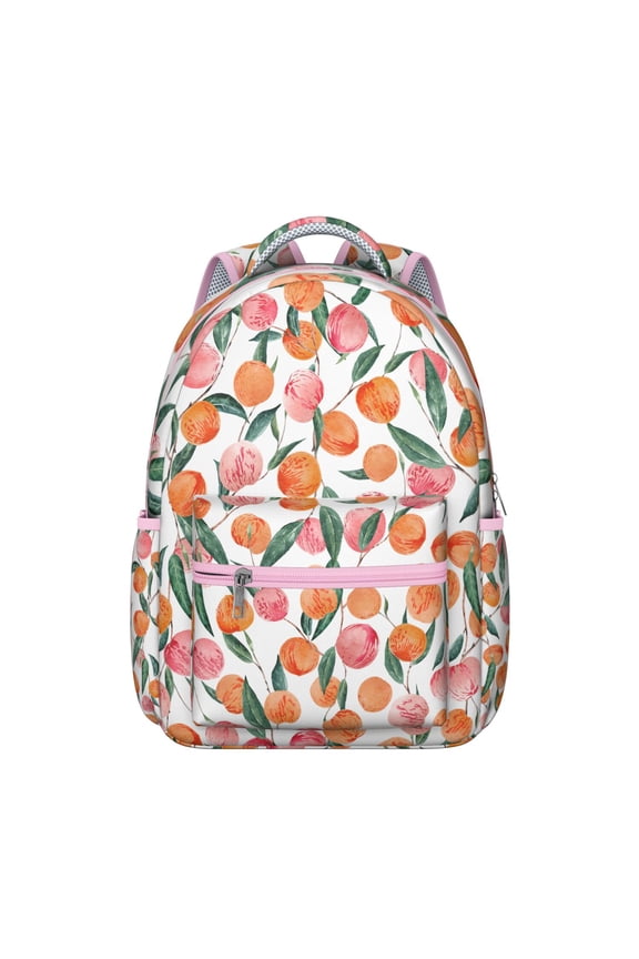 Peach Print Waterproof School Backpack - Ergonomic Student Bookbag with Padded Straps & Spinal Support, Kawaii Pink Fruit Pattern Design, Lightweight Durable Backpack for Teens, College, Commuters