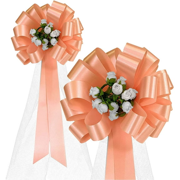 Peach Pull Bows with Tulle Tails & Rosebuds - 8" Wide, Set of 6, Wedding Pew Bows, Easter, Reception, Aisle Decoration, Anniversary, Formal